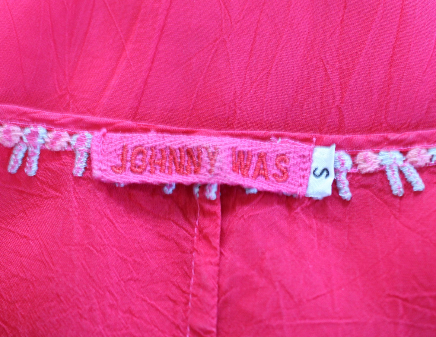 Johnny Was Red Floral Embroidered Tie Yoke Neck Tunic Top Blouse Sz S Geometric