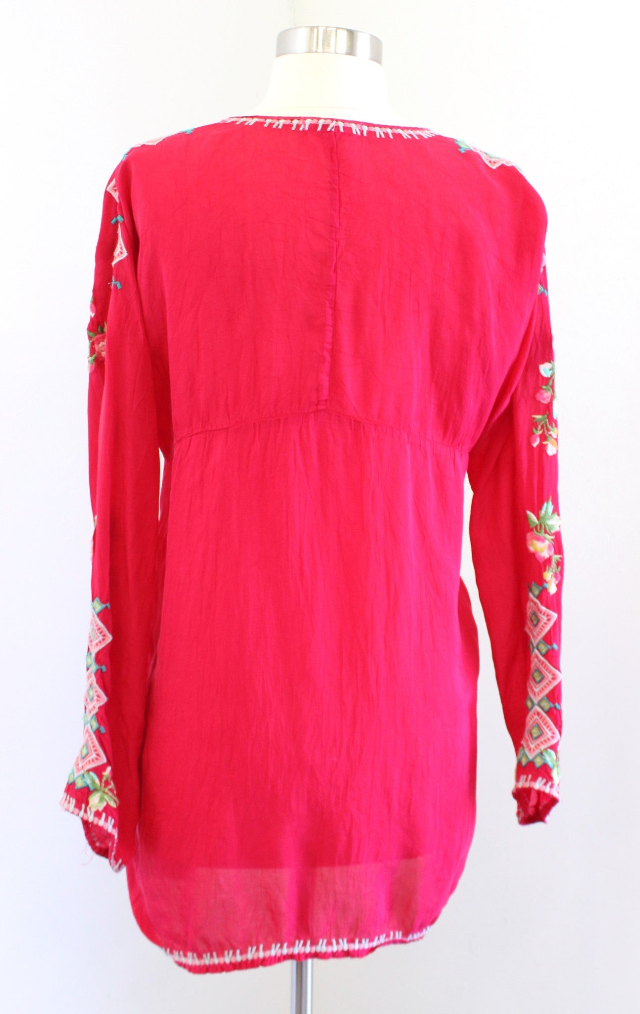 Johnny Was Red Floral Embroidered Tie Yoke Neck Tunic Top Blouse Sz S Geometric