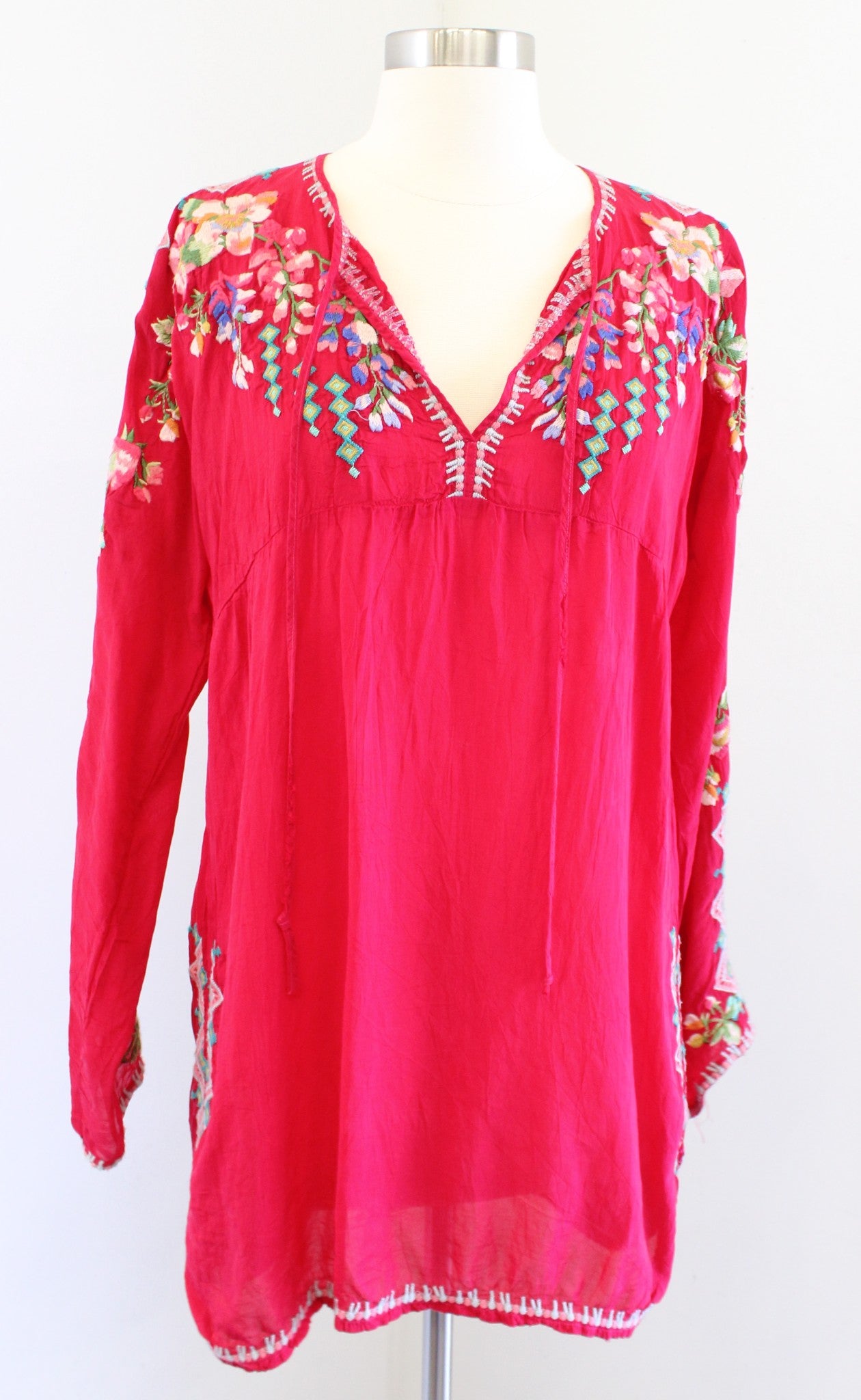 Johnny Was Red Floral Embroidered Tie Yoke Neck Tunic Top Blouse Sz S Geometric