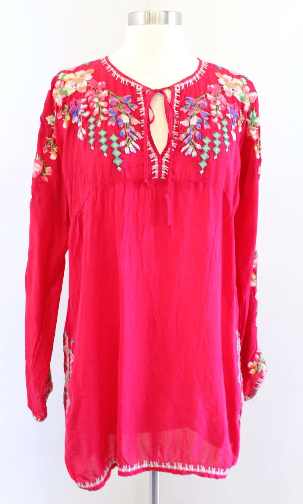 Johnny Was Red Floral Embroidered Tie Yoke Neck Tunic Top Blouse Sz S Geometric