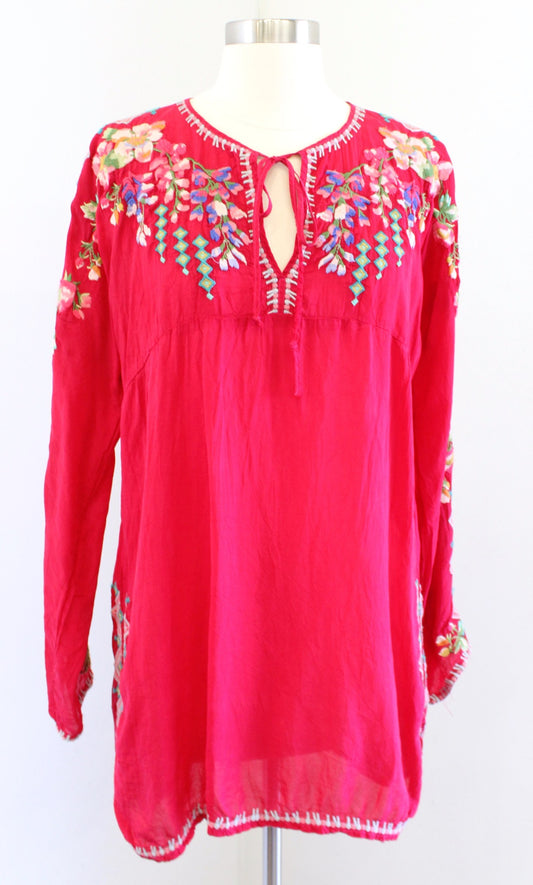 Johnny Was Red Floral Embroidered Tie Yoke Neck Tunic Top Blouse Sz S Geometric