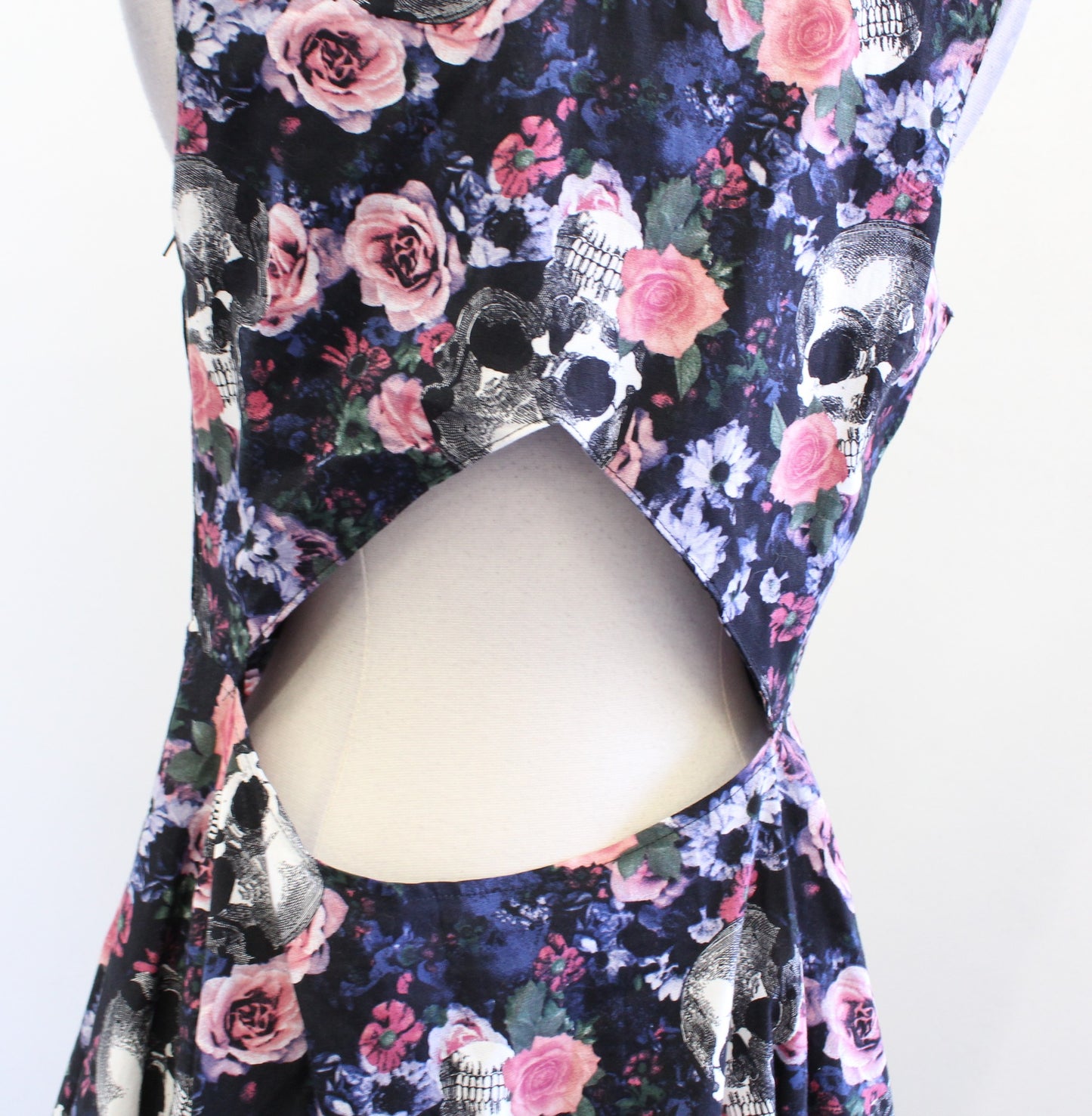 Hell Bunny Black Floral Skull Print Cutout Back Fit and Flare Dress Size M