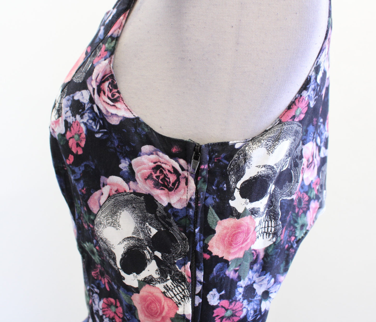 Hell Bunny Black Floral Skull Print Cutout Back Fit and Flare Dress Size M