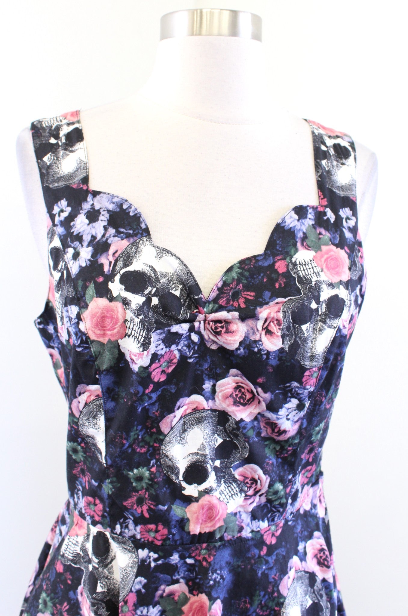 Hell Bunny Black Floral Skull Print Cutout Back Fit and Flare Dress Size M