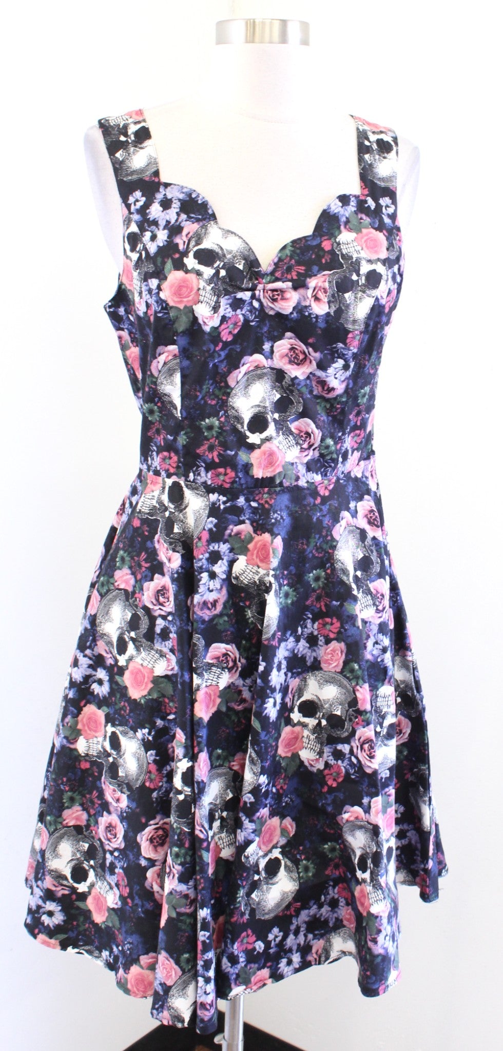 Hell Bunny Black Floral Skull Print Cutout Back Fit and Flare Dress Size M