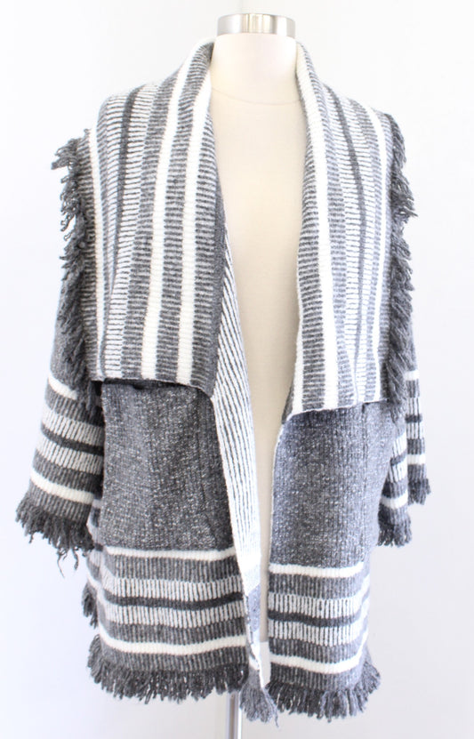 Saturday Sunday Anthropologie Gray Stripe Fringe Cardigan Sweater One Size S M L