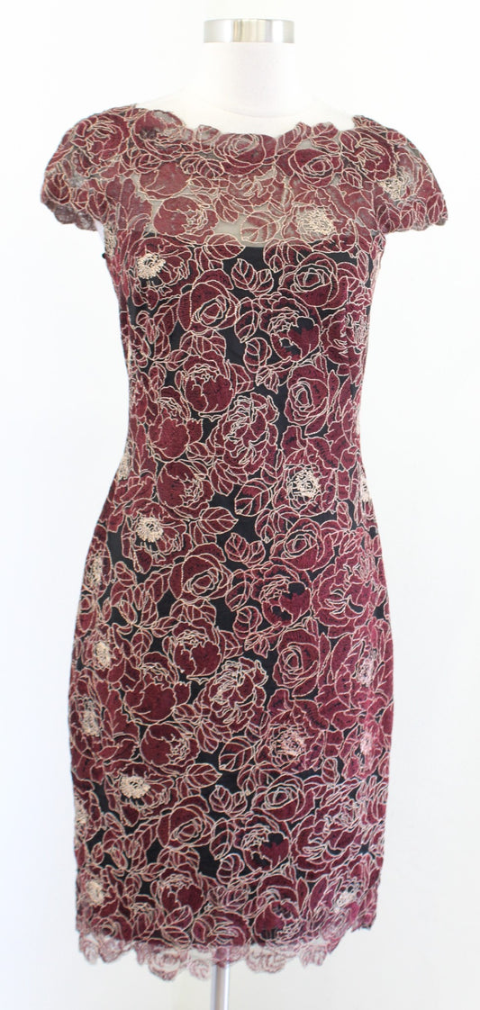 Tadashi Shoji Red Black Lace Motif Lace Sheath Dress Size 2 Cocktail Evening