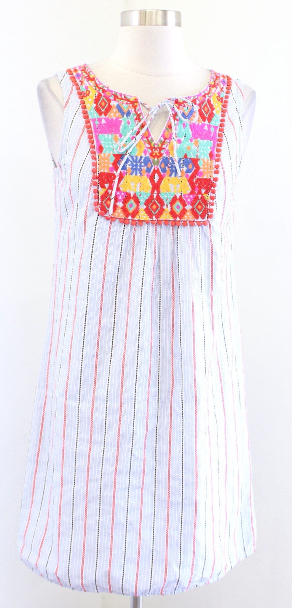 Jade Melody Tam Striped Embroidered Tie Neck Dress Size XS Boho Blue Red Pompom