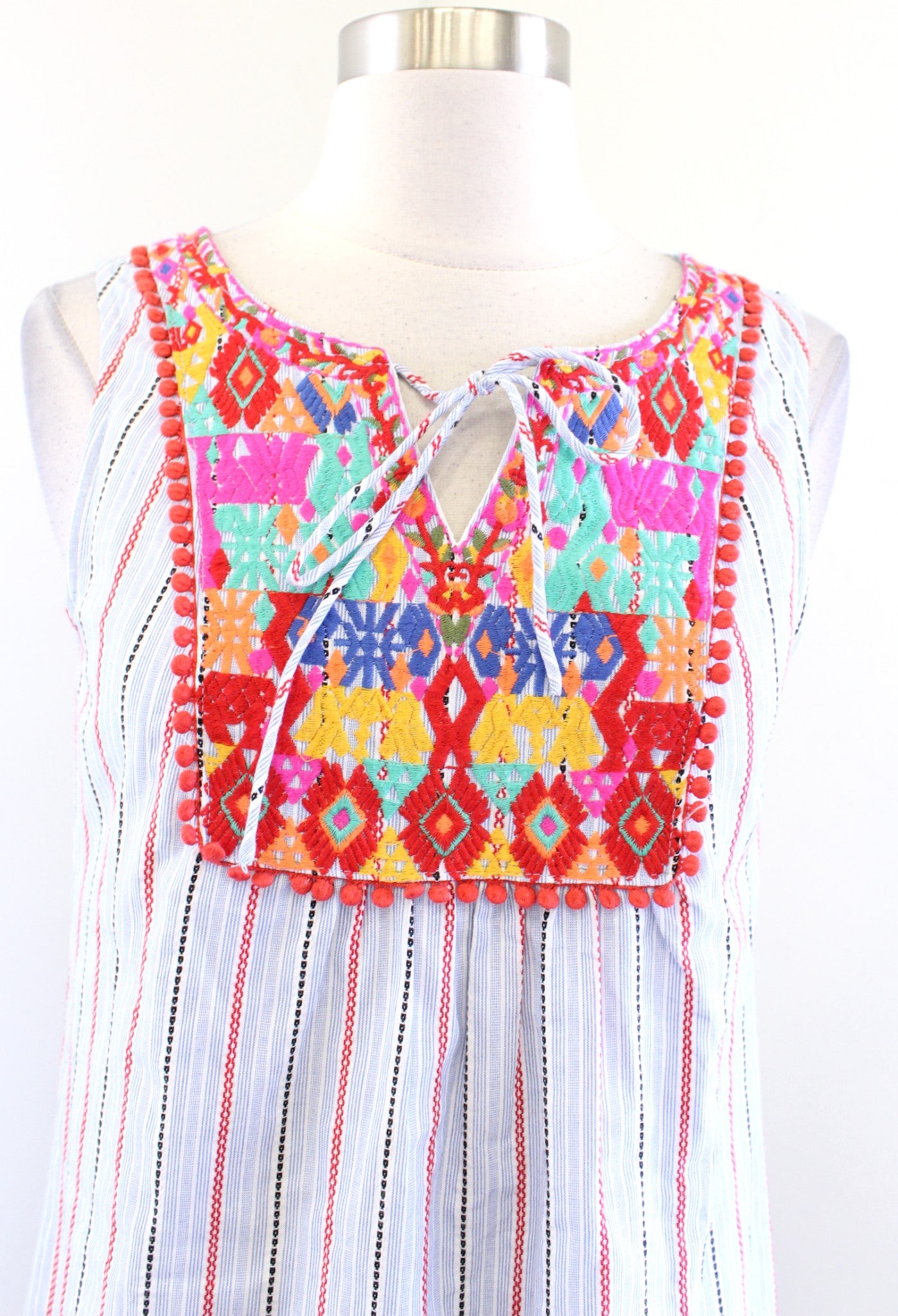 Jade Melody Tam Striped Embroidered Tie Neck Dress Size XS Boho Blue Red Pompom