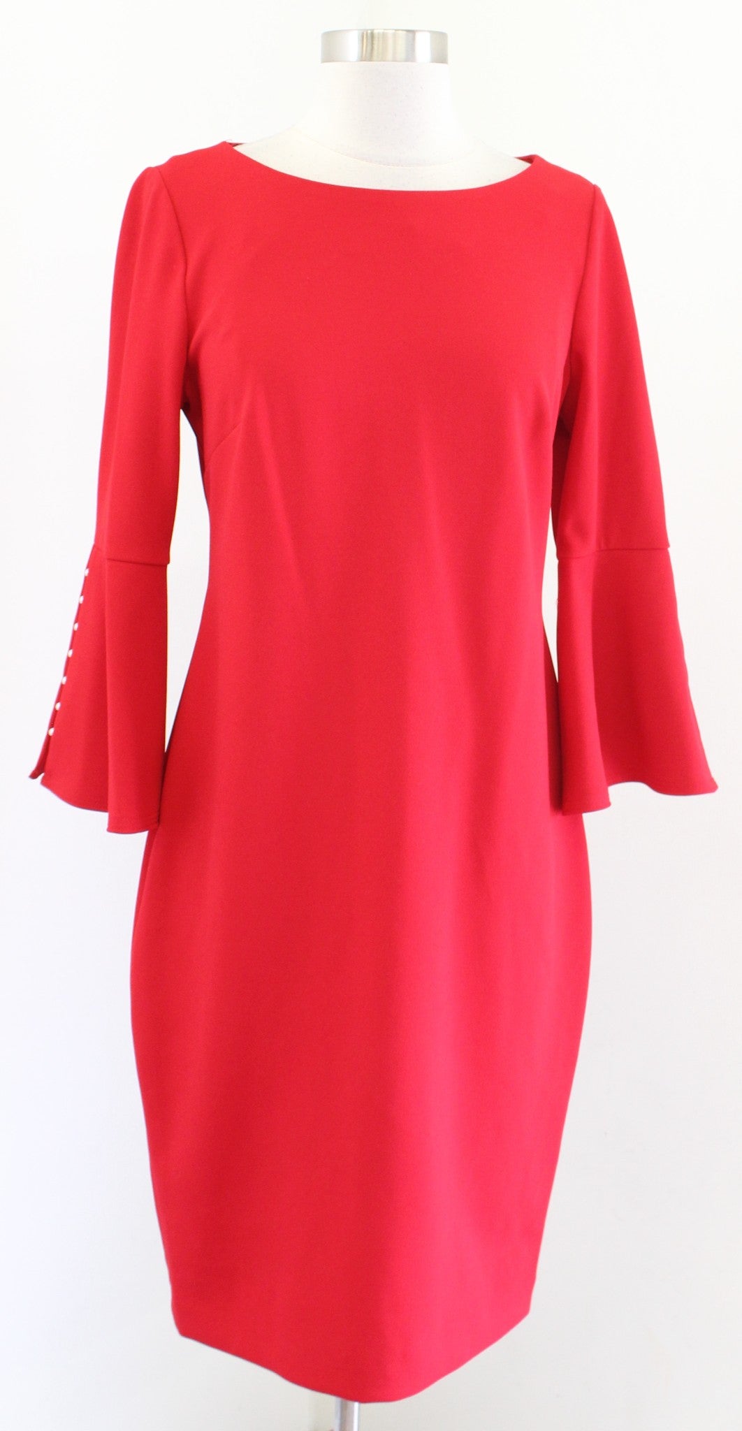 Calvin Klein Solid Red Pearl Cutout Detail Bell Sleeve Sheath Dress Sz 8 Career