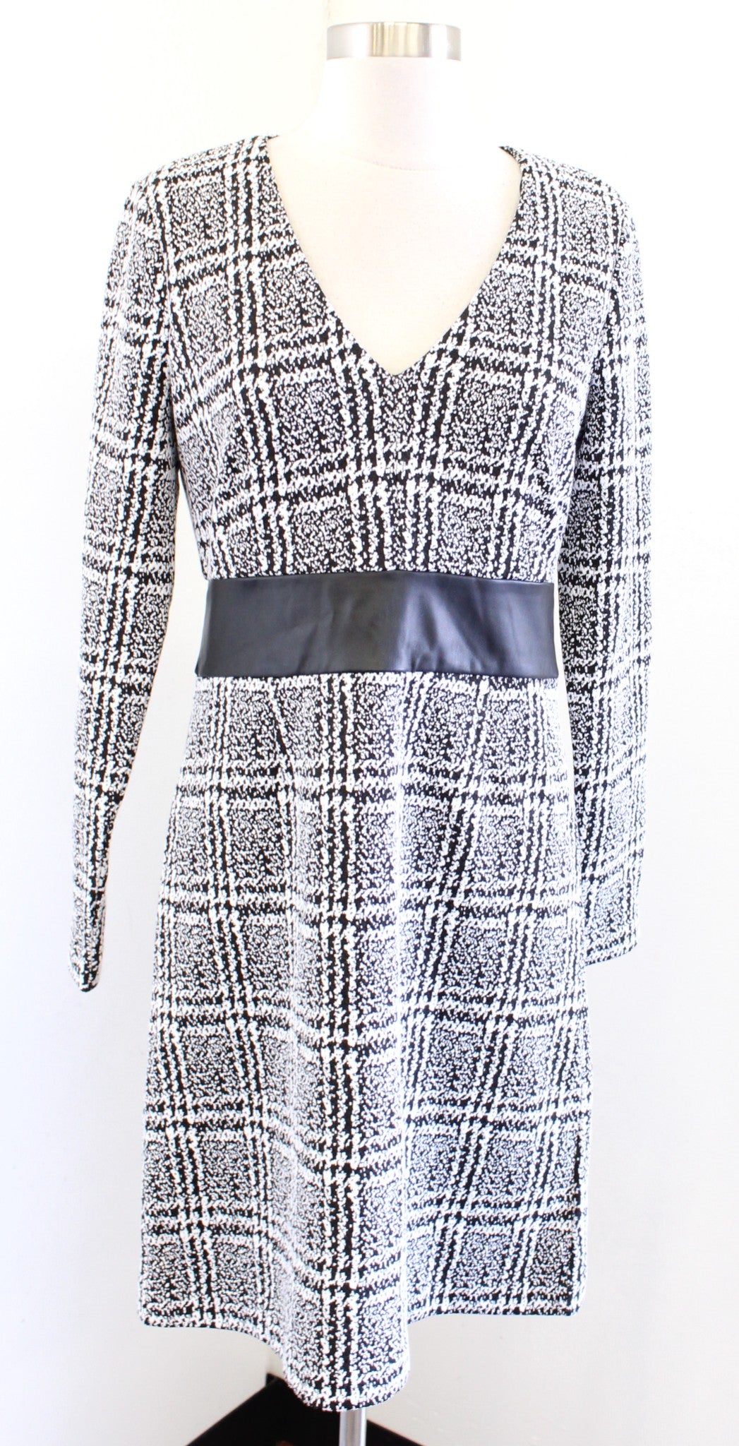 Michael Kors Black White Jacquard Knit A Line Dress Size M Faux Leather Plaid