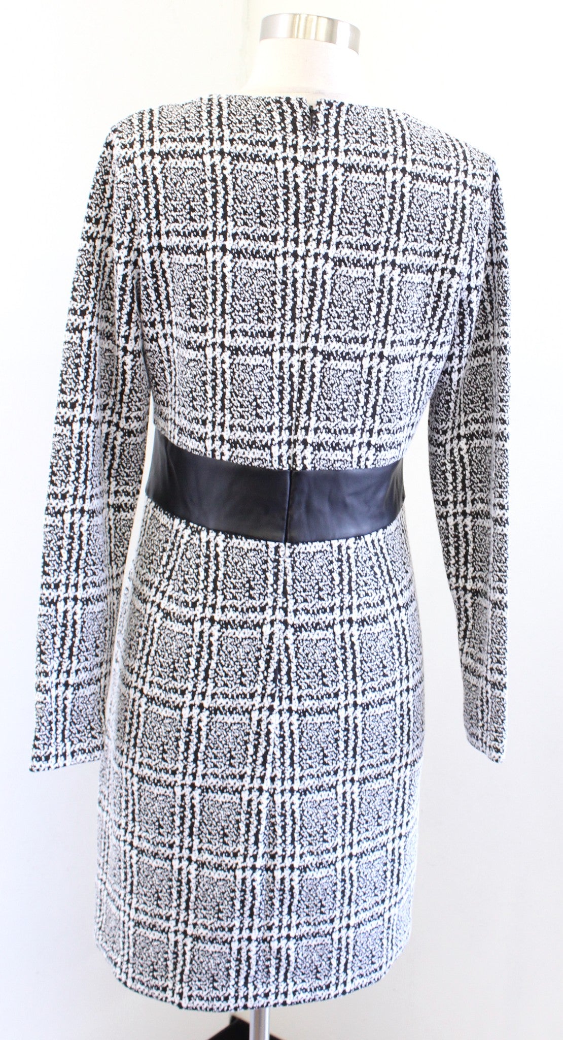 Michael Kors Black White Jacquard Knit A Line Dress Size M Faux Leather Plaid