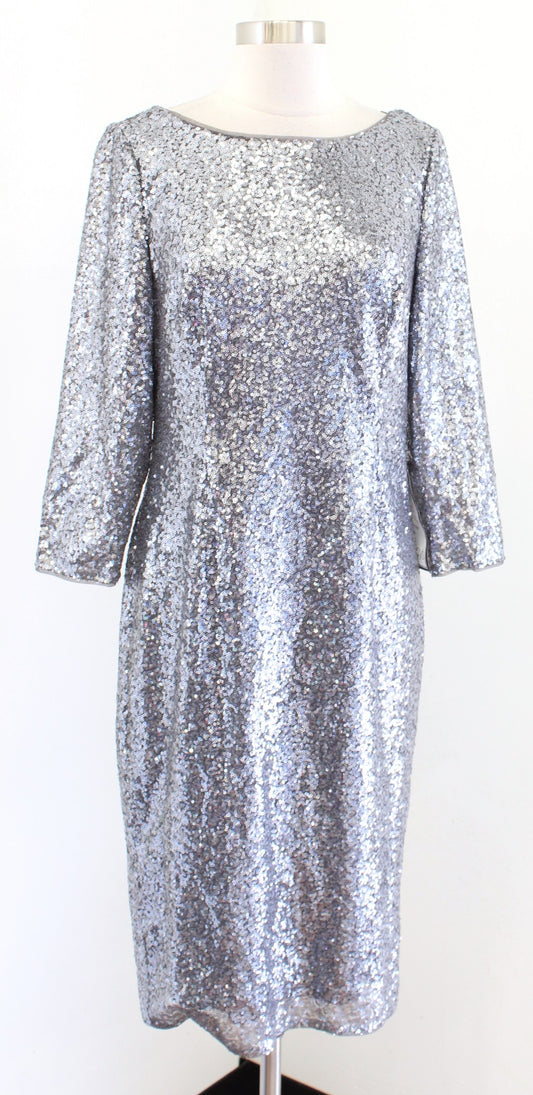 NWT Adrianna Papell Gray Silver Sequin 3/4 Sleeve Sheath Dress Cocktail Party 10