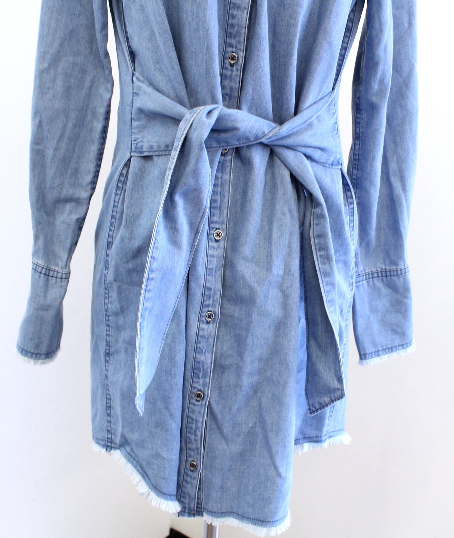 Paige Womens Clemence Chambray Button Front Tie Waist Shirt Dress Size S Fringe