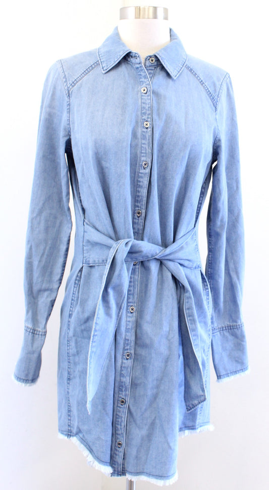 Paige Womens Clemence Chambray Button Front Tie Waist Shirt Dress Size S Fringe