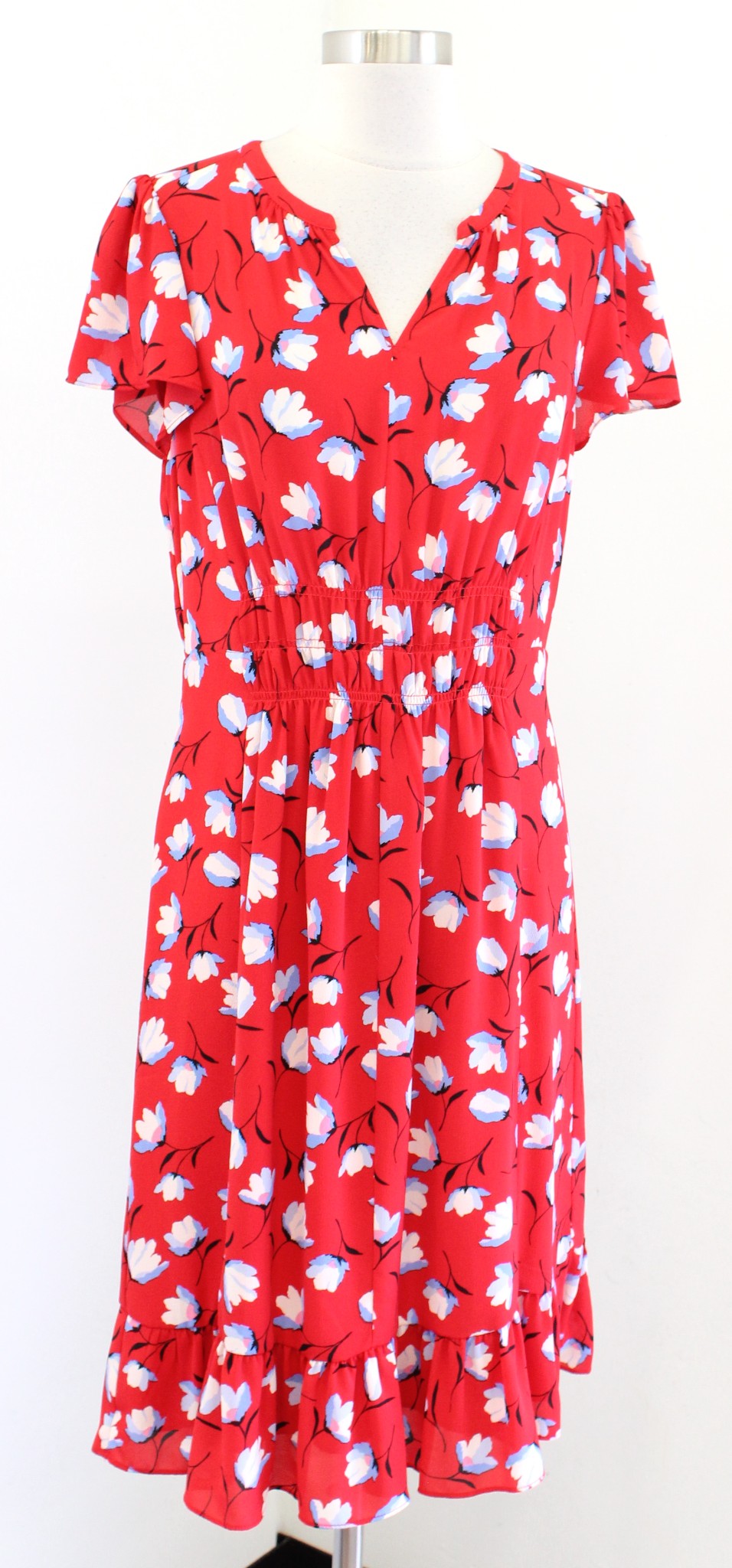 Talbots Womens Red Floral Print Flounce Hem Casual Dress Size 8 Black Blue