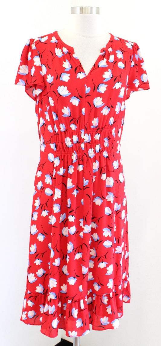 Talbots Womens Red Floral Print Flounce Hem Casual Dress Size 8 Black Blue