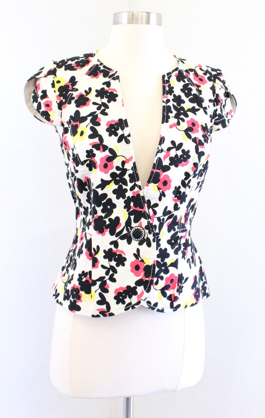 Elevenses Anthropologie Dahlia Off White Floral Cap Sleeve Blazer Jacket Size 0