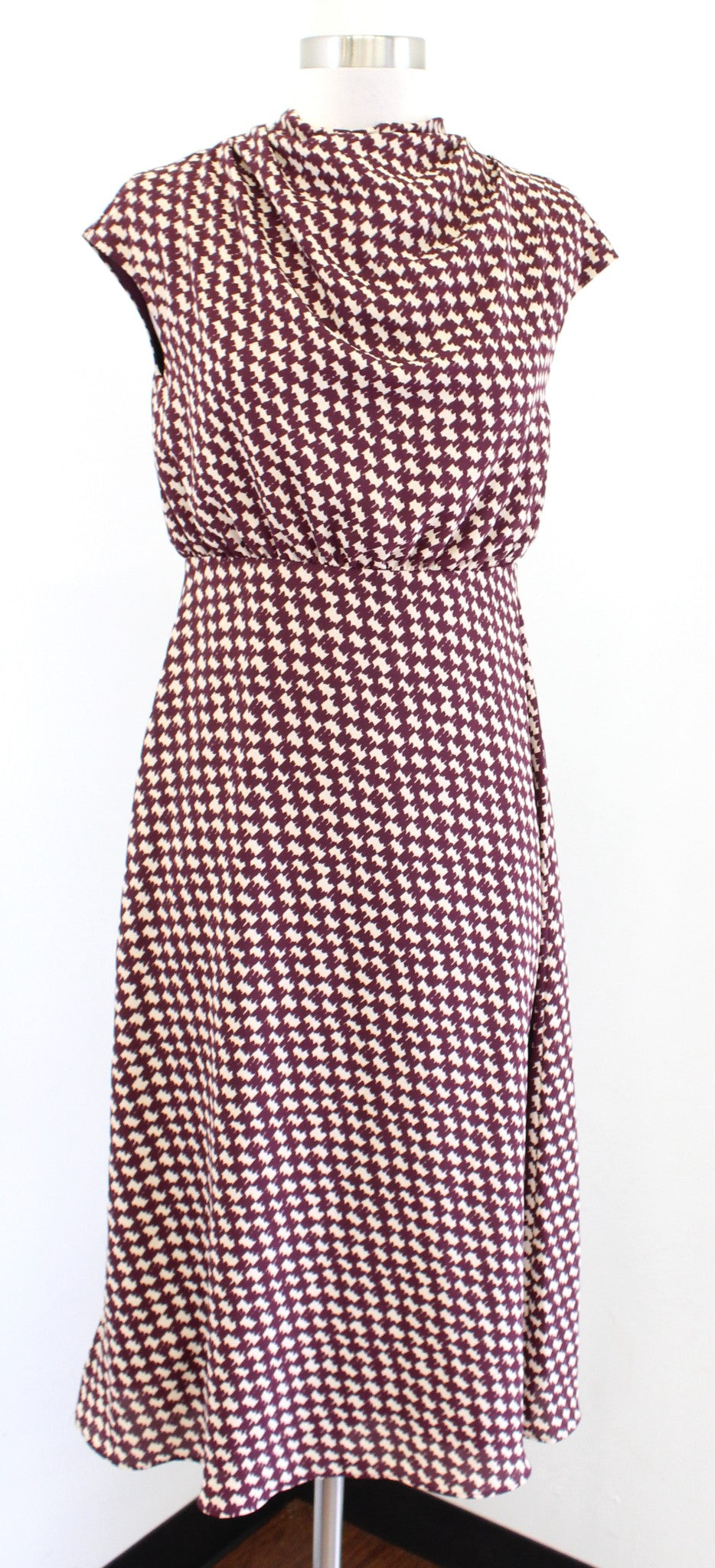Ann Taylor Maroon Houndstooth Print Blouson Flared Midi Dress Size 00 A Line