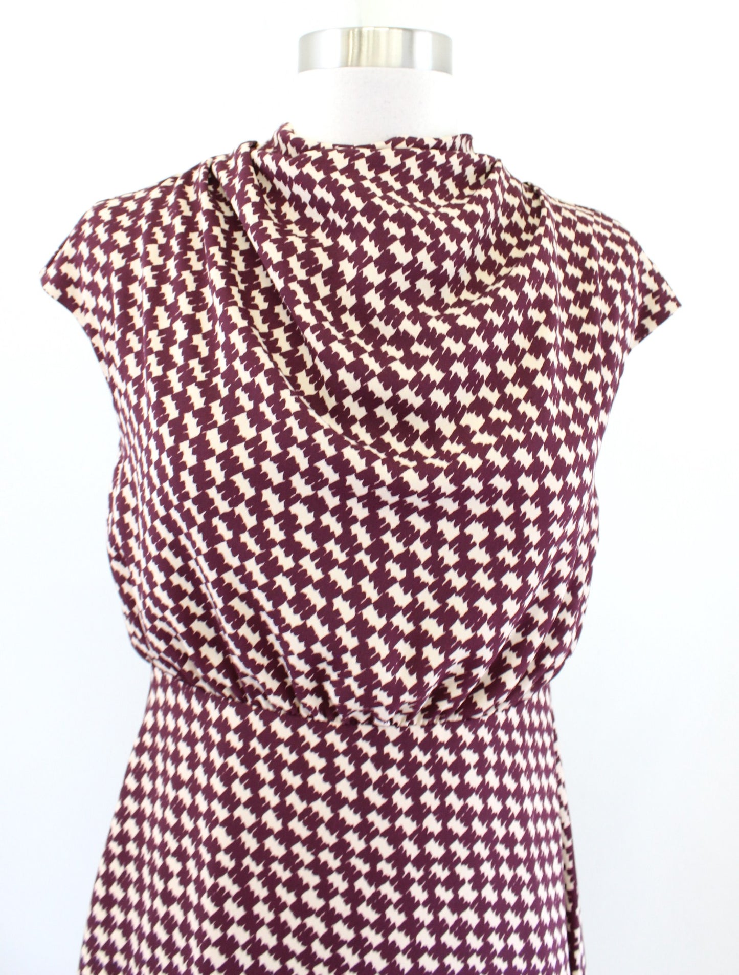 Ann Taylor Maroon Houndstooth Print Blouson Flared Midi Dress Size 00 A Line