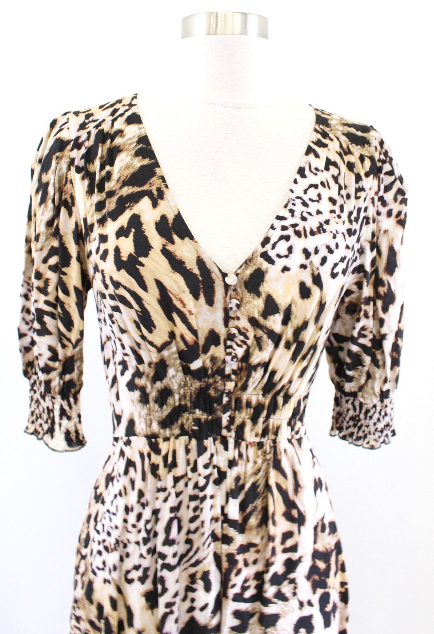 Banana Republic Animal Leopard Print V Neck Midi Dress Size 6 Casual Smocked