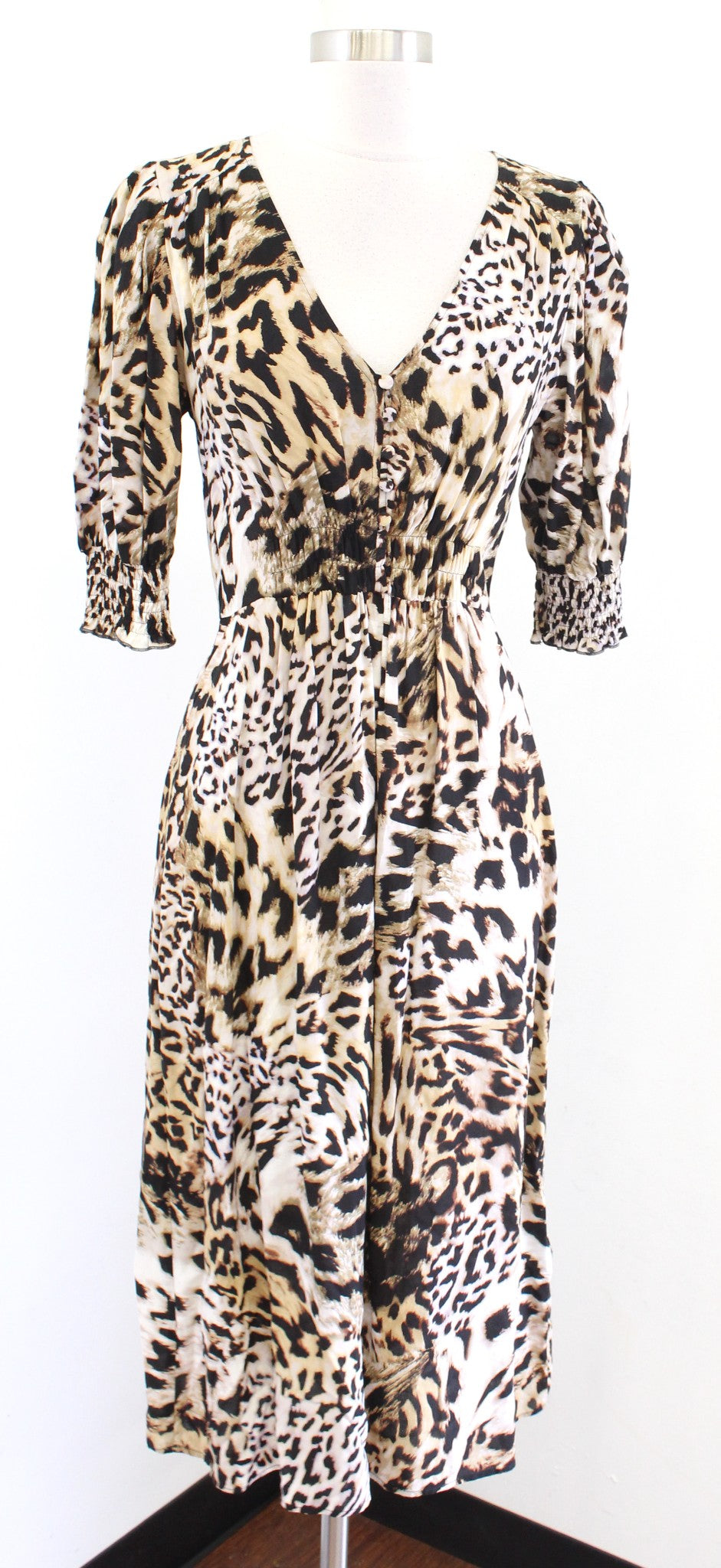 Banana Republic Animal Leopard Print V Neck Midi Dress Size 6 Casual Smocked