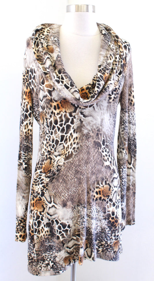 NWT Cache Animal Cheetah Print Cowl Neck Tunic Sweater / Mini Dress Sz L Angora