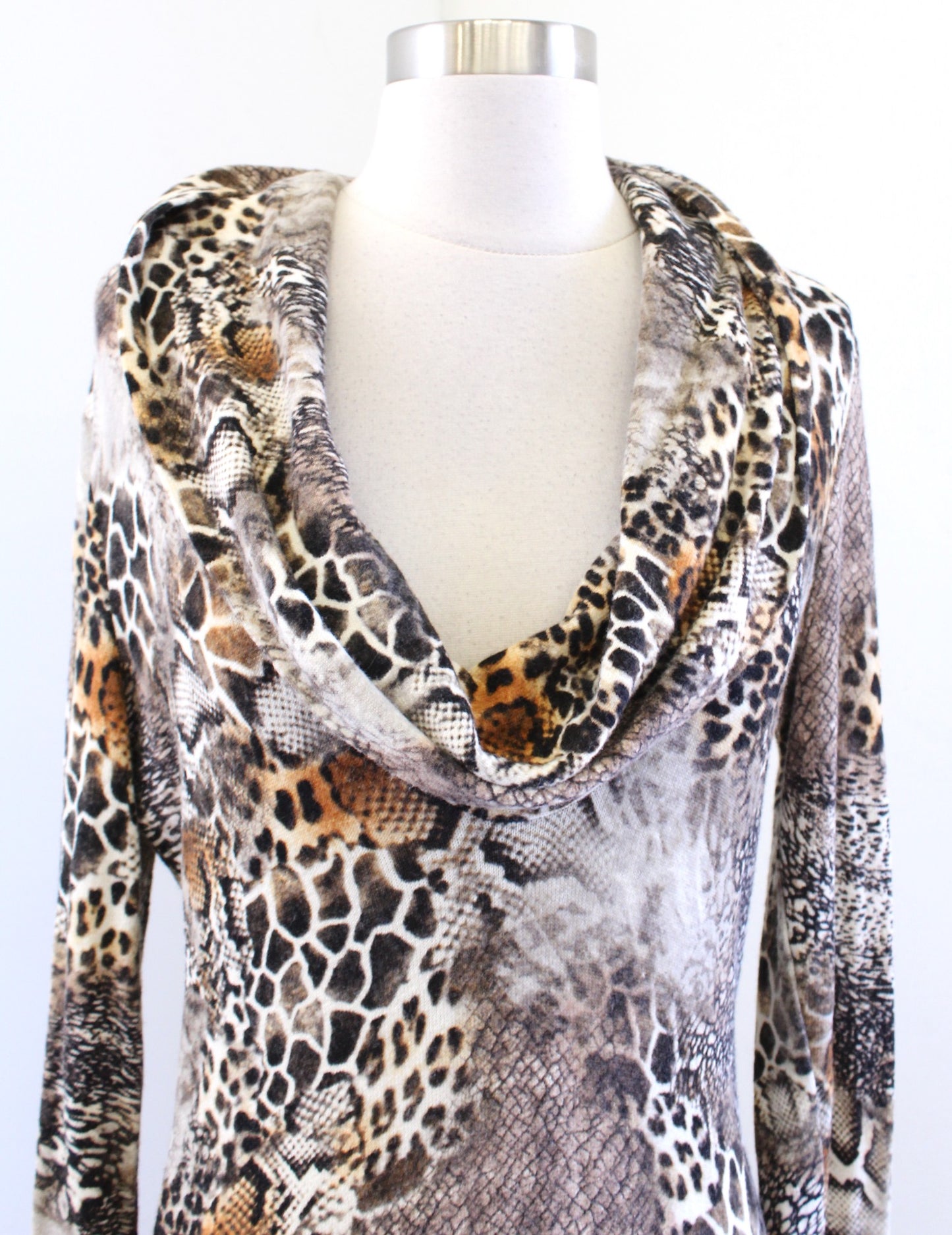 NWT Cache Animal Cheetah Print Cowl Neck Tunic Sweater / Mini Dress Sz L Angora