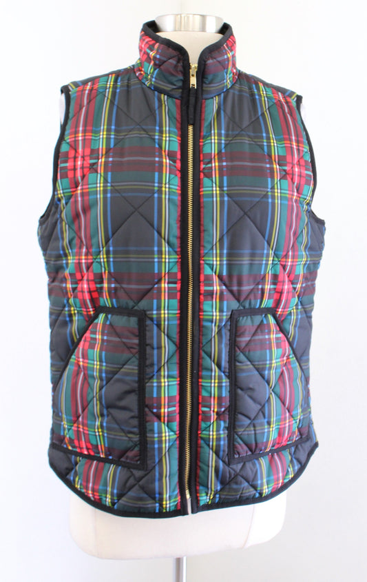 J Crew Factory Black Green Red Quilted Tartan Plaid Zip Front Puffer Vest Size M