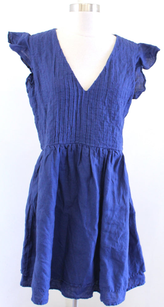 Vineyard Vines Navy Blue Linen Flutter Sleeve Pintuck Dress Size M A Line Flare