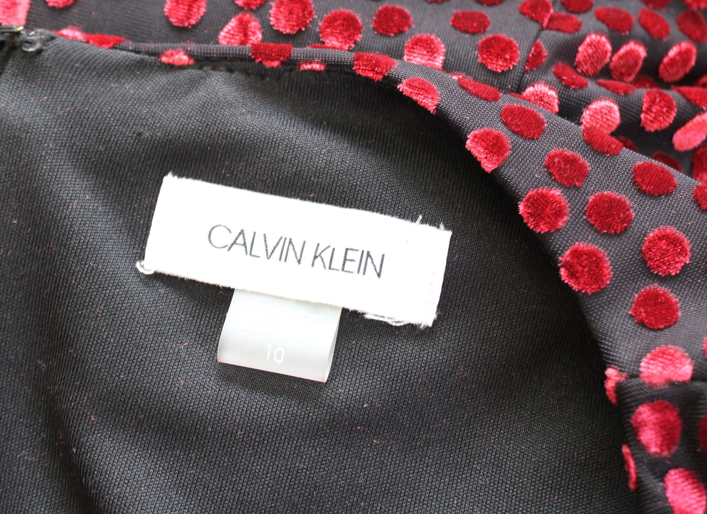 Calvin Klein Black Red Velvet Polka Dot V Neck Tie Waist Dress Size 10 Burnout