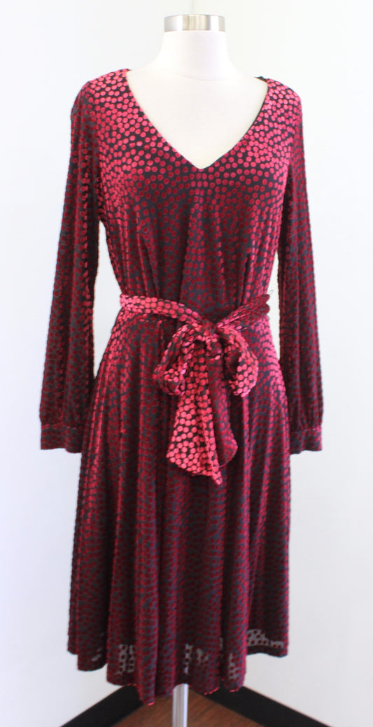 Calvin Klein Black Red Velvet Polka Dot V Neck Tie Waist Dress Size 10 Burnout