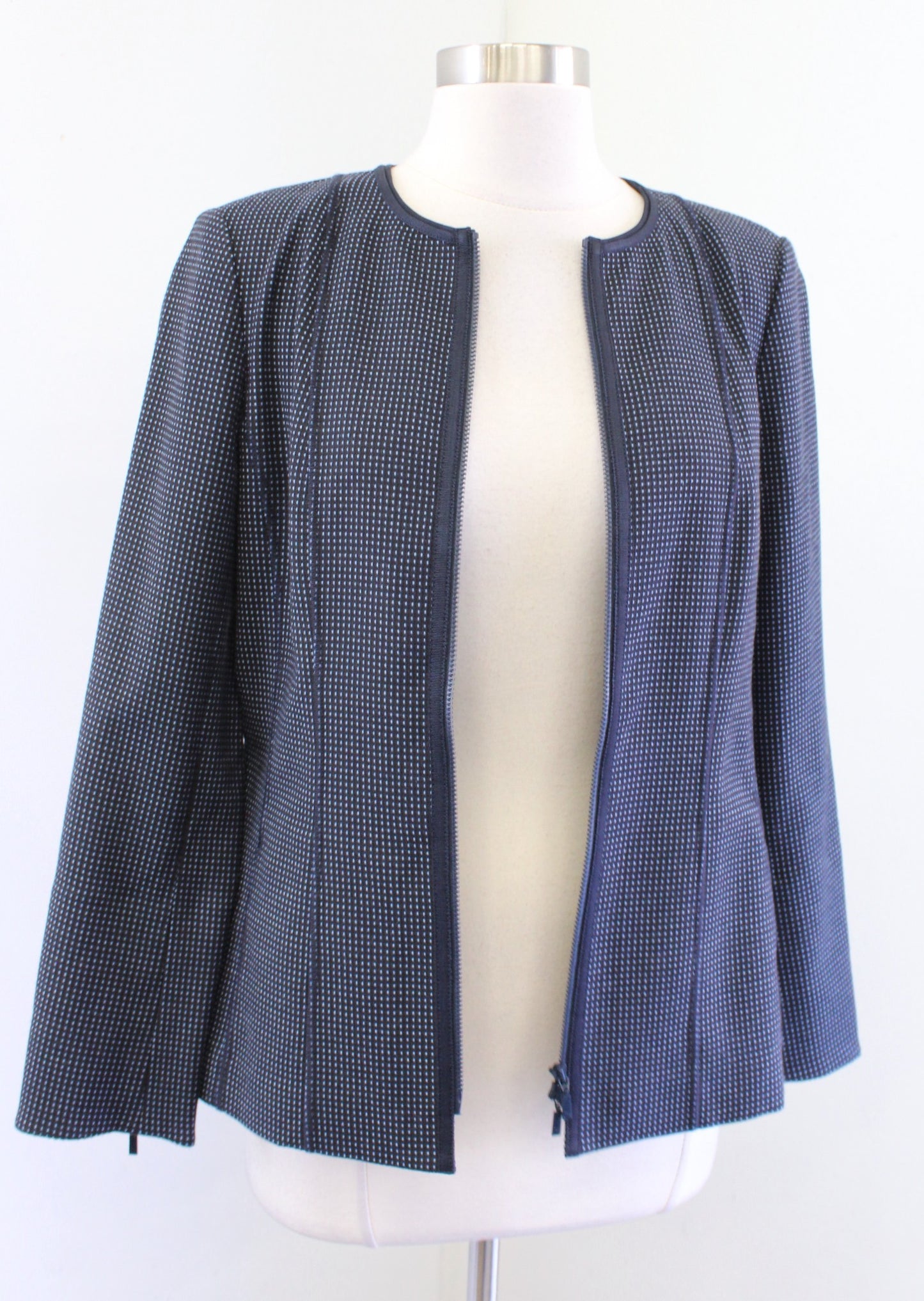 Lafayette 148 New York Blue Polka Dot Zip Front Collarless Blazer Jacket Size 6