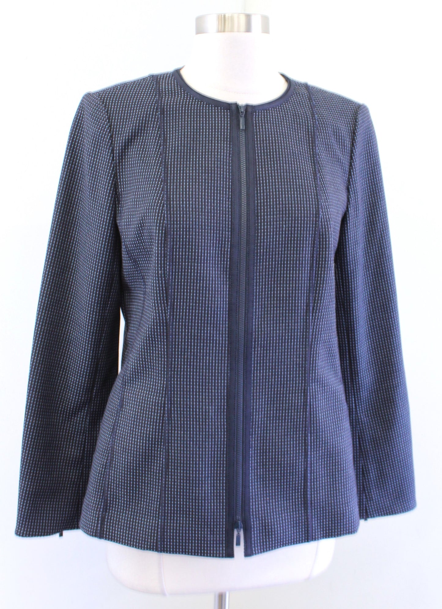 Lafayette 148 New York Blue Polka Dot Zip Front Collarless Blazer Jacket Size 6