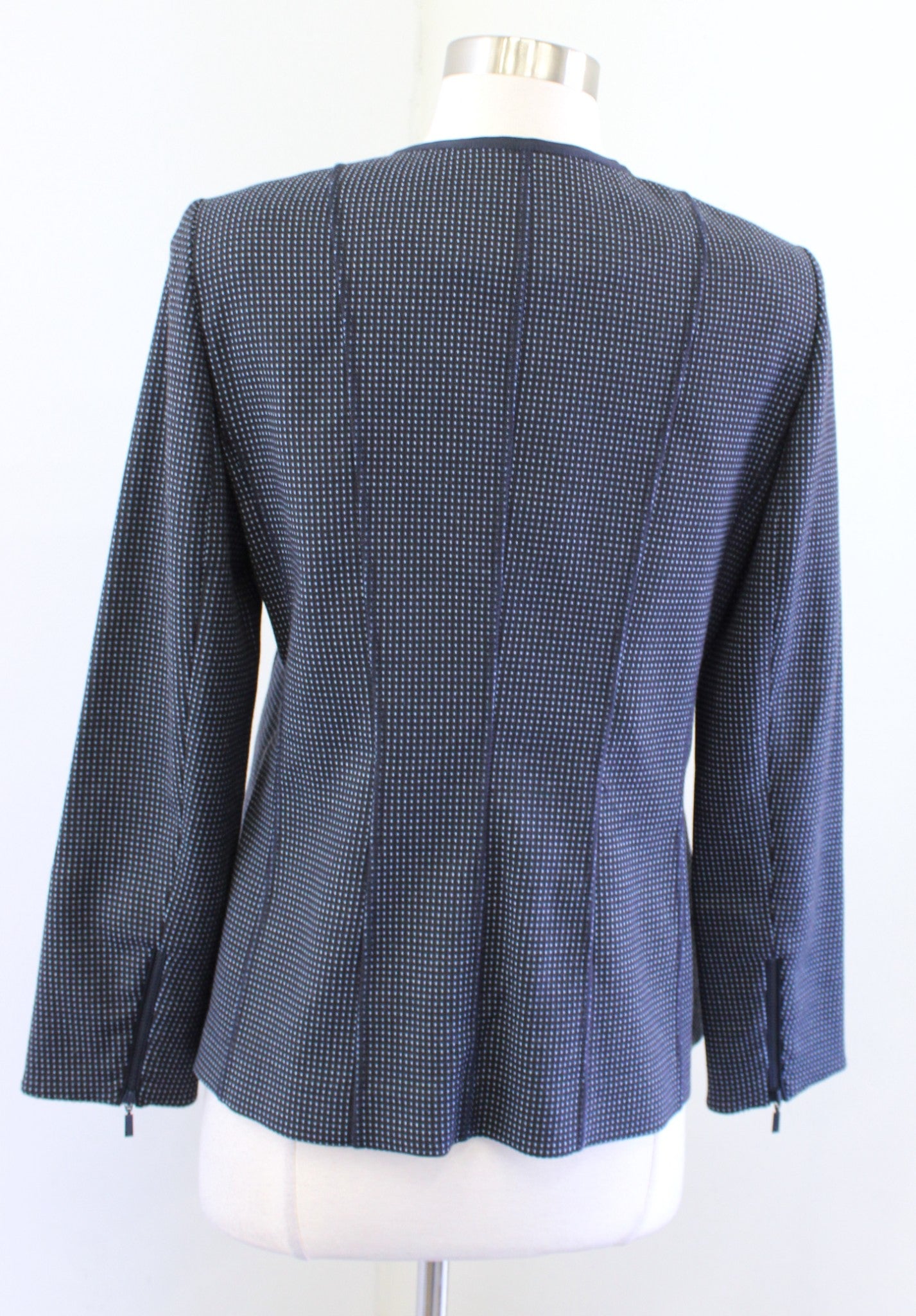 Lafayette 148 New York Blue Polka Dot Zip Front Collarless Blazer Jacket Size 6