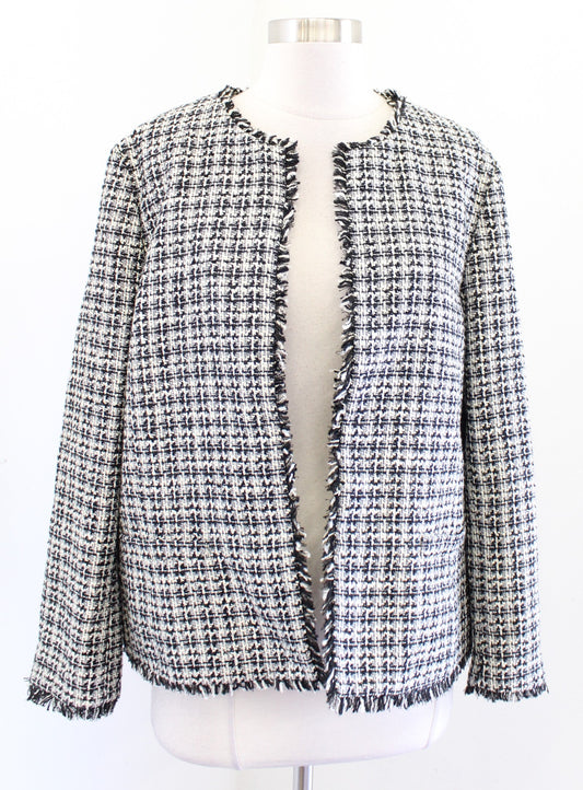 Ann Taylor Black Ivory Metallic Tweed Fringe Open Front Blazer Jacket Size 14