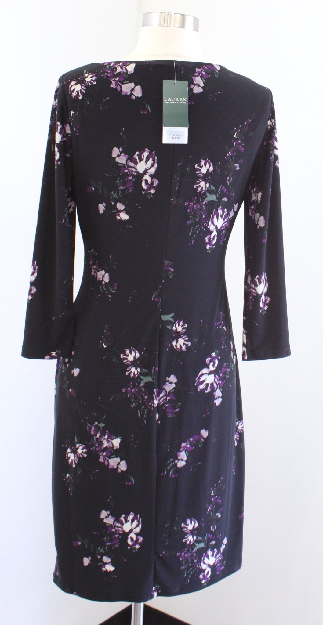 NWT Lauren Ralph Lauren Black Purple Floral V Neck Ruched Wiggle Dress Size 4