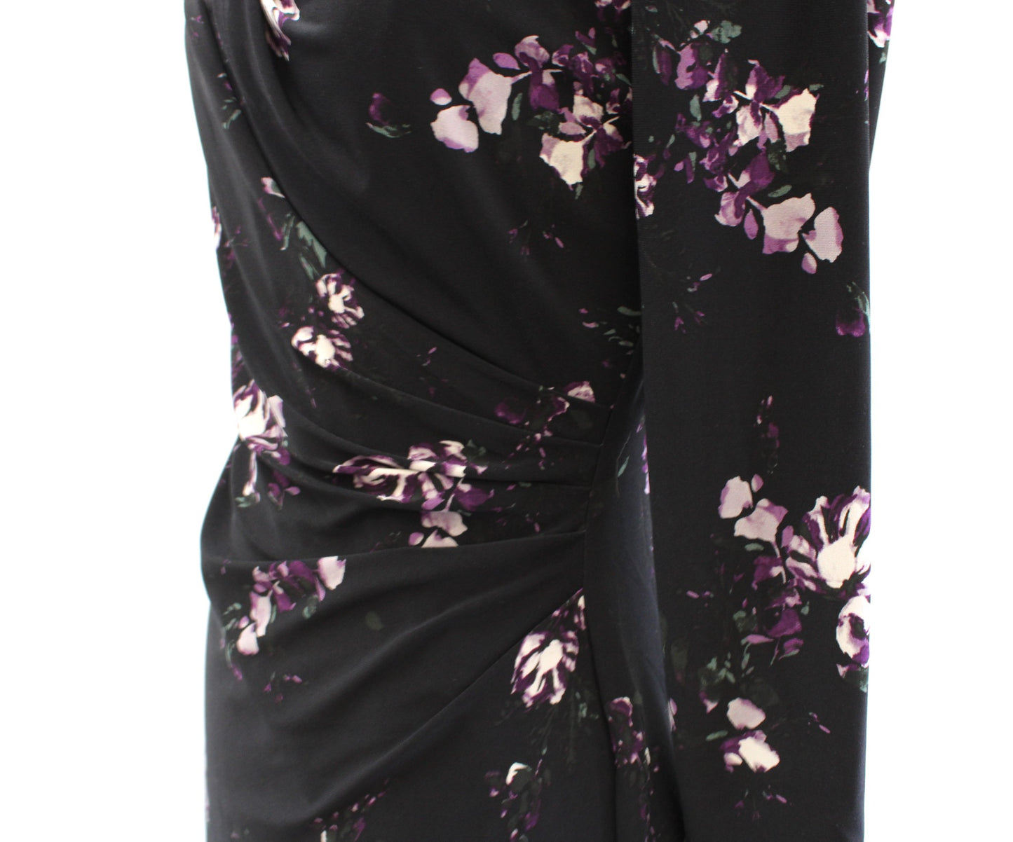 NWT Lauren Ralph Lauren Black Purple Floral V Neck Ruched Wiggle Dress Size 4