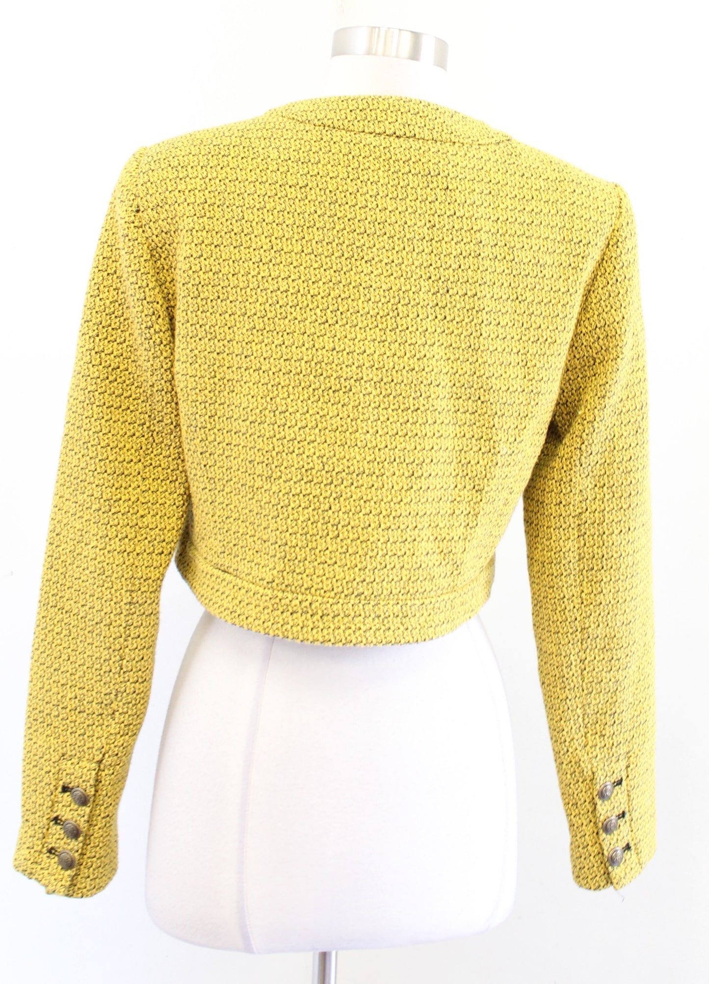 Zara Womens Yellow Black Textured Tweed Cropped Blazer Jacket Size L