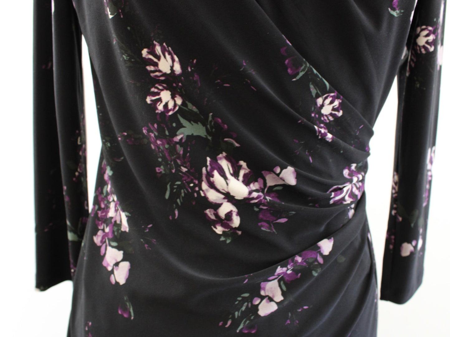 NWT Lauren Ralph Lauren Black Purple Floral V Neck Ruched Wiggle Dress Size 4