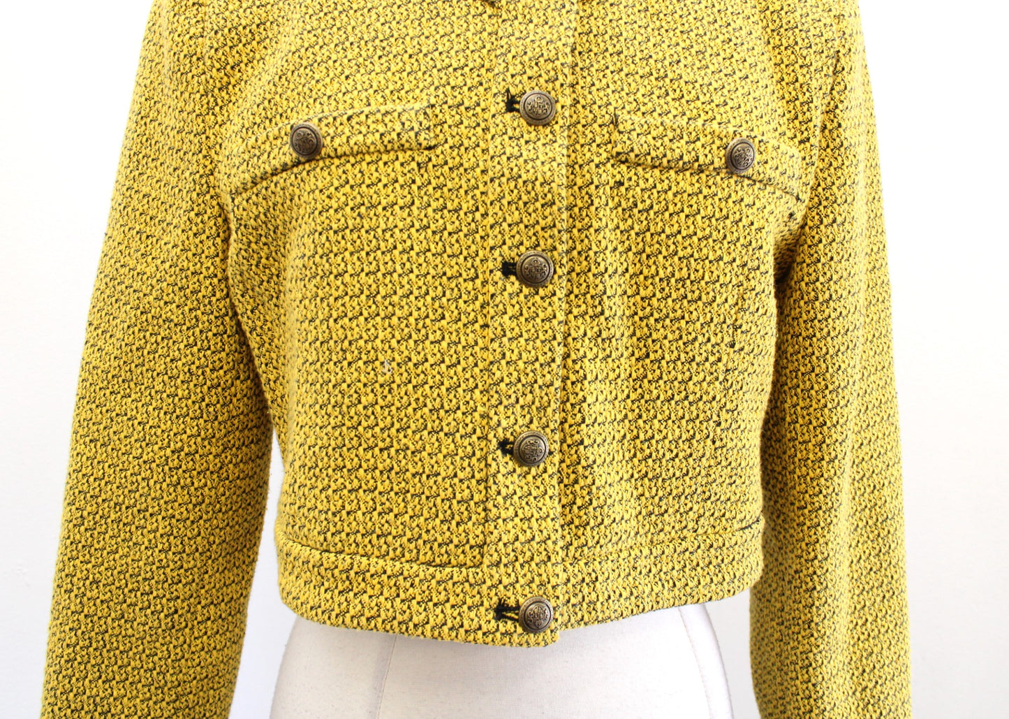 Zara Womens Yellow Black Textured Tweed Cropped Blazer Jacket Size L