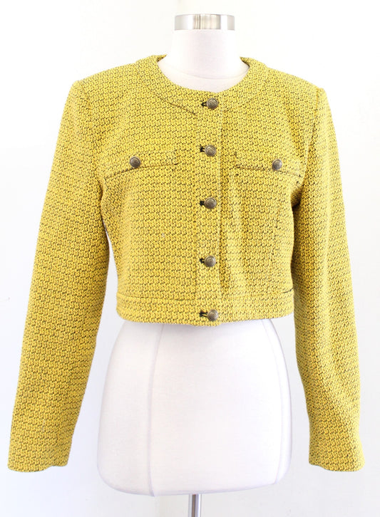 Zara Womens Yellow Black Textured Tweed Cropped Blazer Jacket Size L