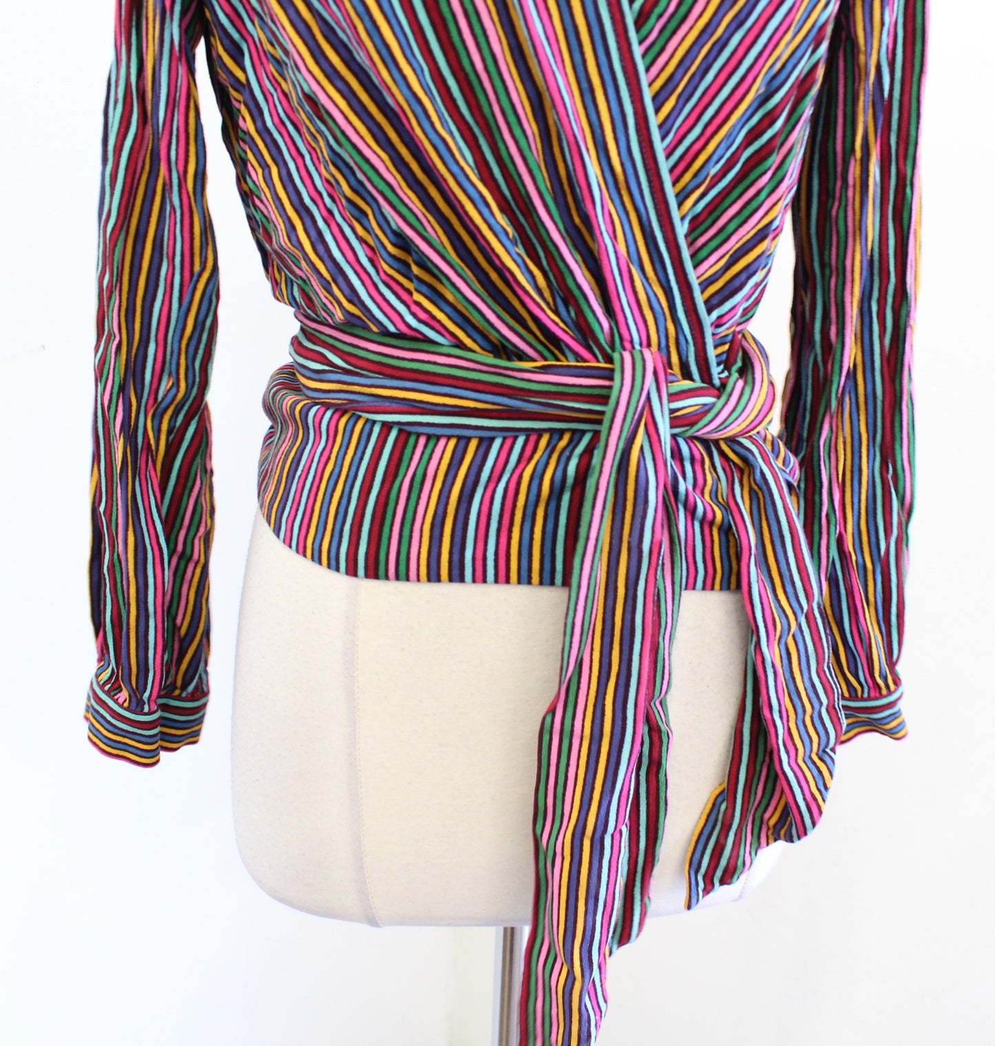 Maeve Anthropologie Lisa Rainbow Striped Tie Waist Faux Wrap Top Blouse Size 10