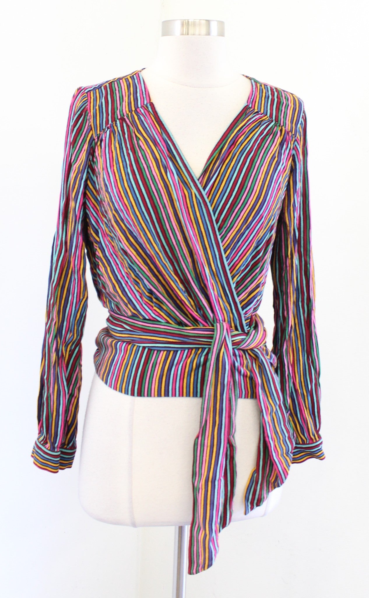 Maeve Anthropologie Lisa Rainbow Striped Tie Waist Faux Wrap Top Blouse Size 10
