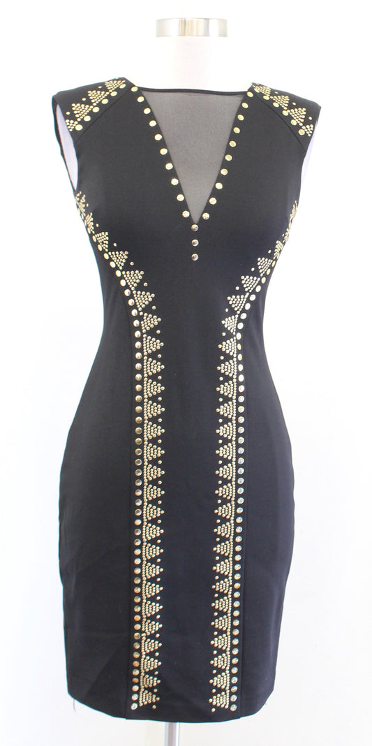 Cache Black Gold Studded Embellished Mesh Insert Dress Size 0 Cocktail Party