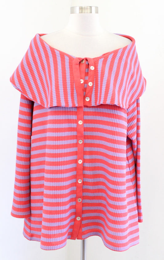 Soft Surroundings Coral Red Purple Striped Rib Knit Wide Collar Sweater Top 2X