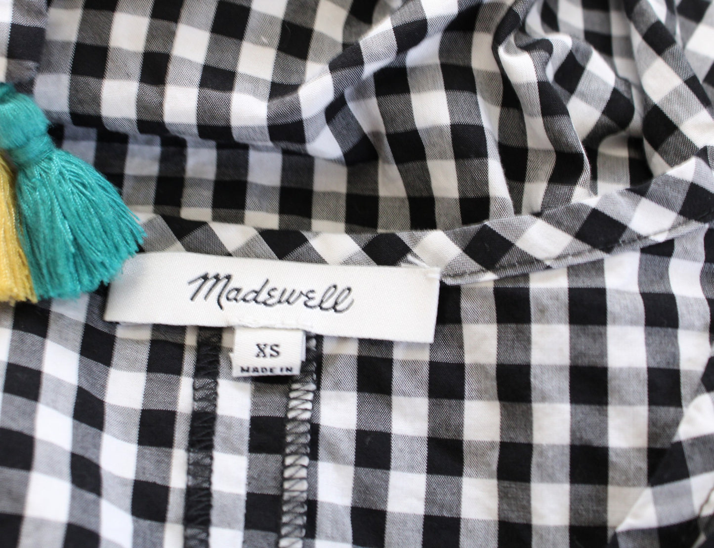 Madewell Black White Gingham Plaid Embroidered Tie Waist Tassel Top Blouse XS