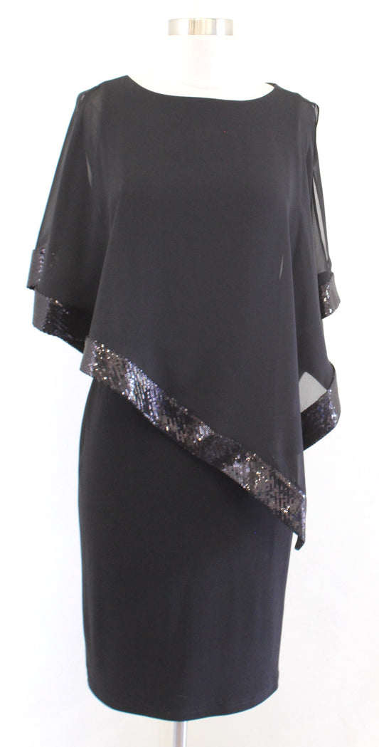 Joseph Ribkoff Black Jersey Sequin Cape Overlay Sheath Dress Size 2 Cocktail