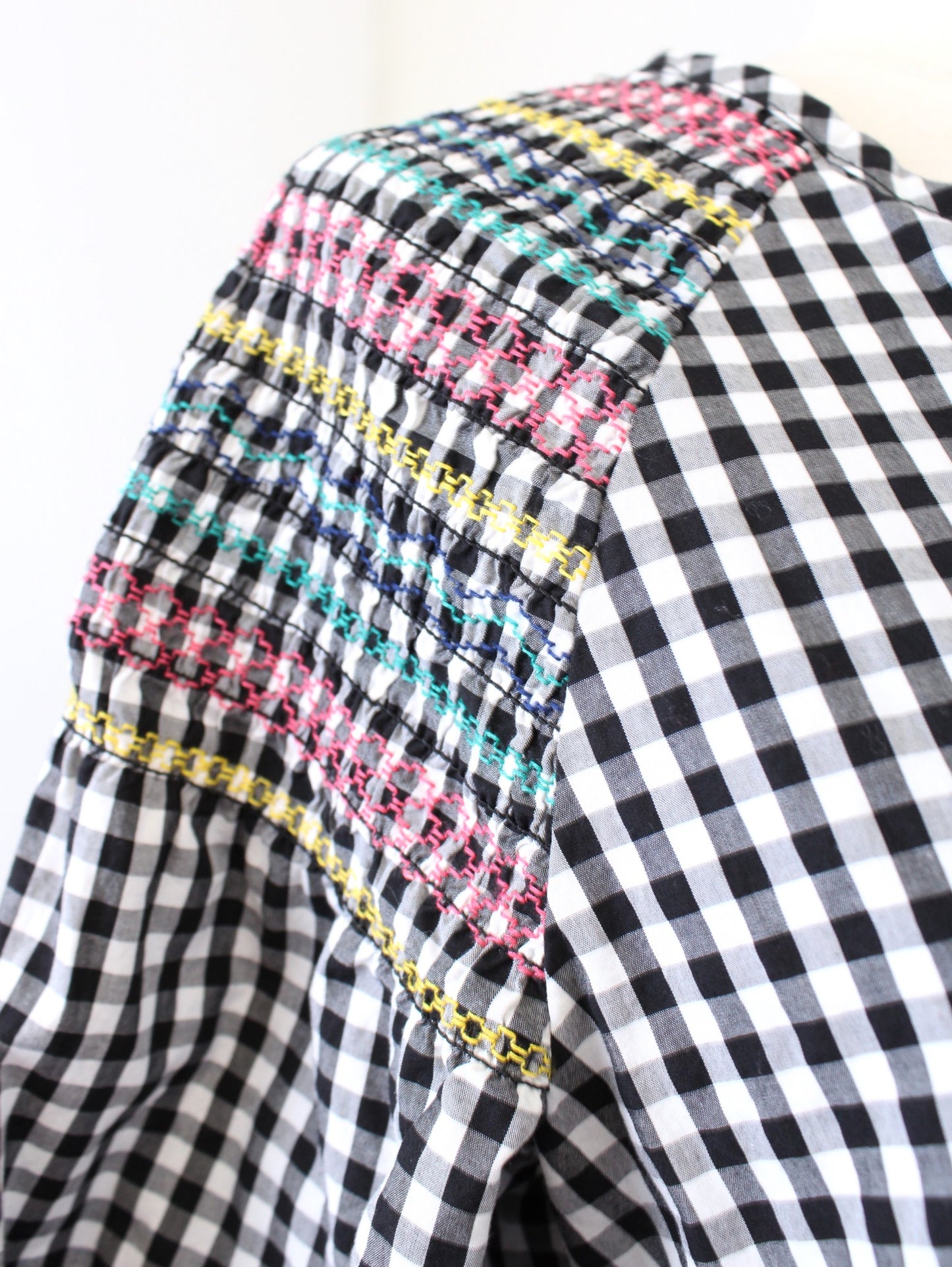 Madewell Black White Gingham Plaid Embroidered Tie Waist Tassel Top Blouse XS