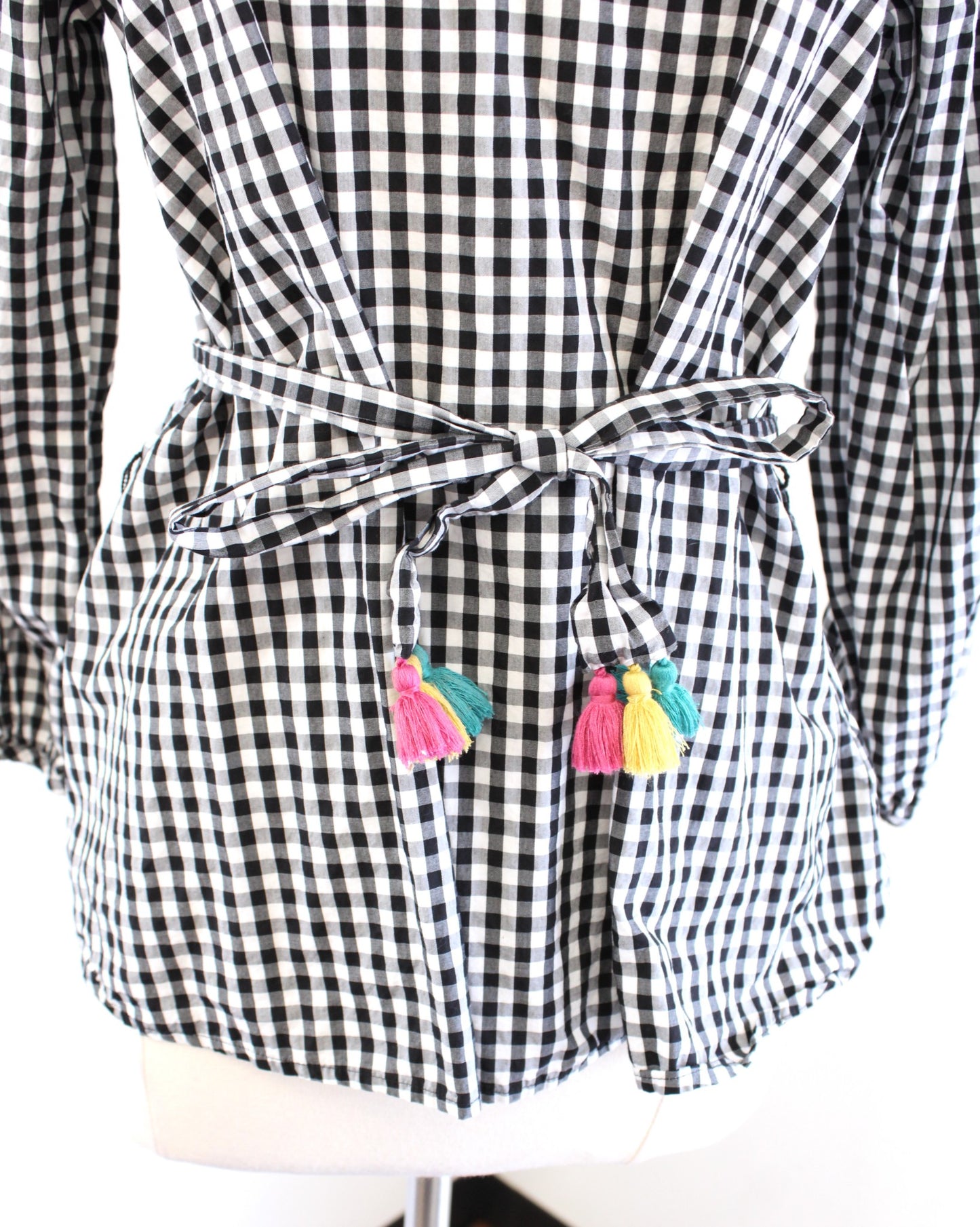 Madewell Black White Gingham Plaid Embroidered Tie Waist Tassel Top Blouse XS